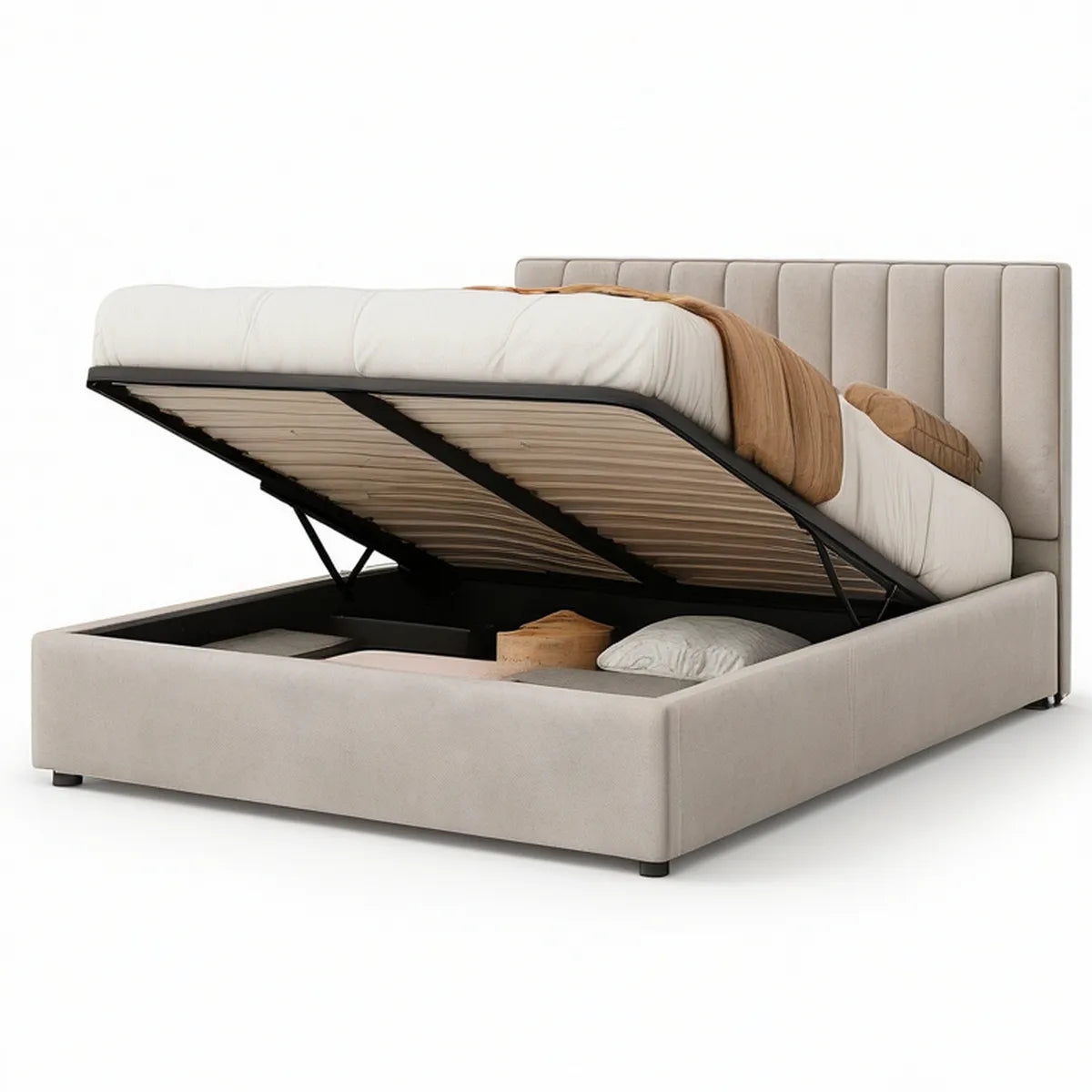 Gepolstertes Stauraumbett 160 x 200 cm Beige mit schwarzem Stahlrahmen und Gasdruckfedern