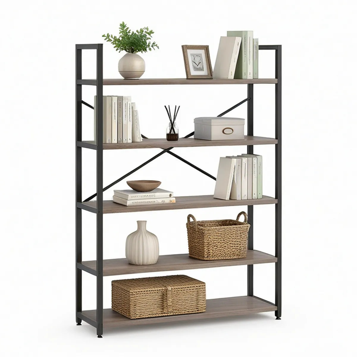 Standregal mit 5 Böden aus MDF und Stahl, Braun/Schwarz, 70 x 30 x 180 cm