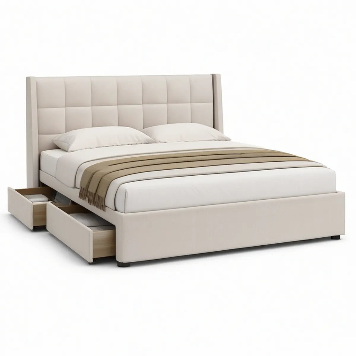 Gepolstertes Stauraumbett mit 2 Schubladen, 160 x 200 cm, Creme