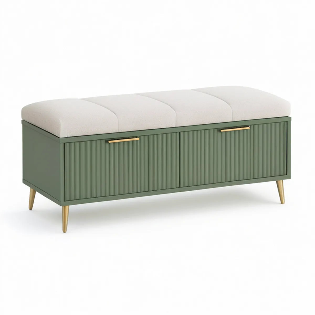 Gepolsterte Stauraumbank 120 x 40 x 50 cm aus MDF, Polyester und Schaumstoff in Grün, Creme und Gold