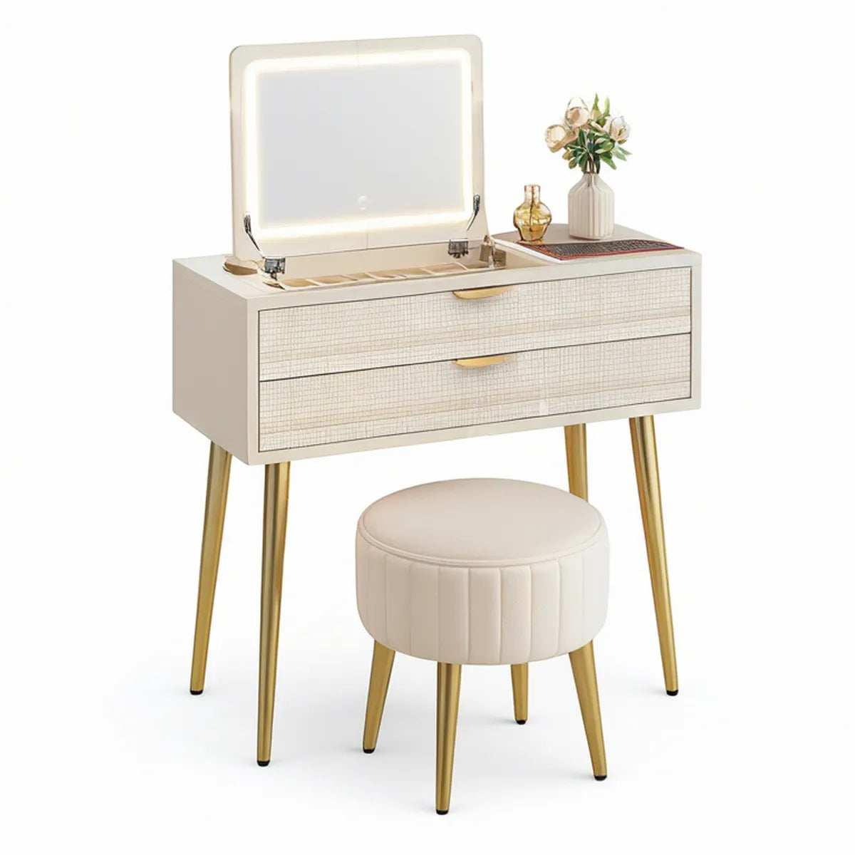 Schminktisch-Set mit klappbarem LED-Spiegel und gepolstertem Sitzhocker, 80 x 40 x 75 cm, Beige/Gold