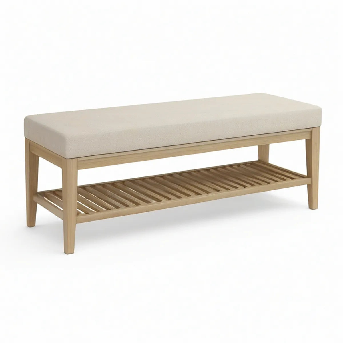 Bettbank aus Eichenholz mit Schuhablage und beigem Sitzpolster, 120 x 40 x 45 cm