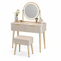 Schminktisch-Set mit gepolstertem Hocker und rundem Kippspiegel, 80 x 40 x 135 cm, Creme/Gold