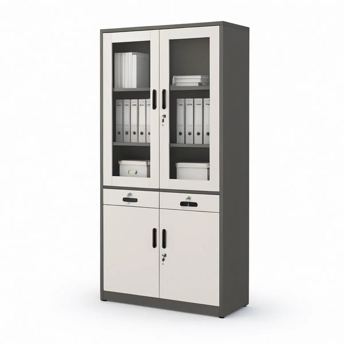 Abschliessbarer Aktenschrank mit Glastüren und Schubladen, Anthrazit/Weiss, 90 x 40 x 180 cm