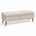 Gepolsterte Bettbank mit Stauraum, 120 x 40 x 45 cm, Beige mit braunen Massivholzfüssen