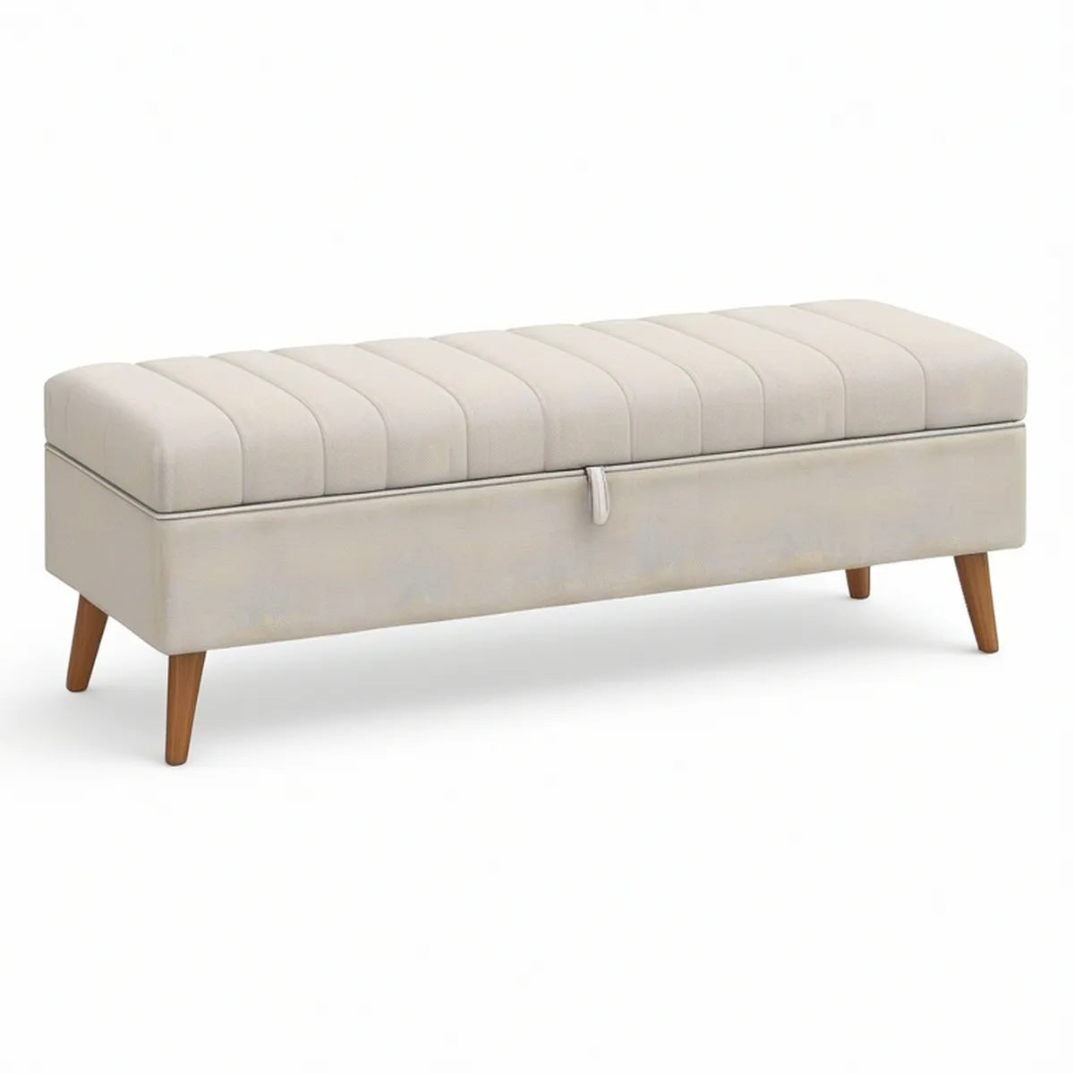 Gepolsterte Bettbank mit Stauraum, 120 x 40 x 45 cm, Beige mit braunen Massivholzfüssen