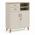 Abschliessbarer Büroschrank mit 2 Schubladen, 2 offenen Fächern und 2 Türen, Creme/Naturholz, 80 x 40 x 120 cm