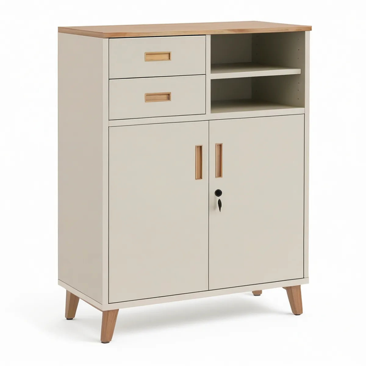 Abschliessbarer Büroschrank mit 2 Schubladen, 2 offenen Fächern und 2 Türen, Creme/Naturholz, 80 x 40 x 120 cm