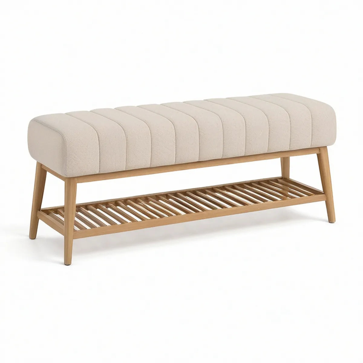 Gepolsterte Bettbank mit Schuhablage, Beige/Naturholz, 120 x 40 x 50 cm