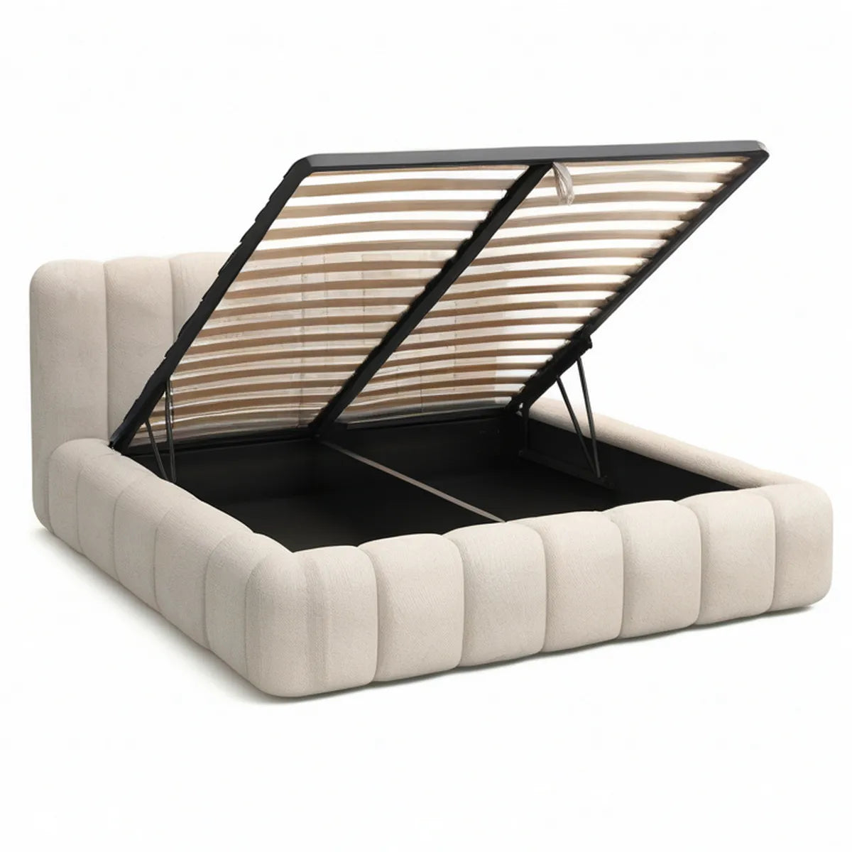 Stauraumbett 180 x 200 cm mit Gasdruckfedern, Lattenrost und Bouclé-Bezug in Creme